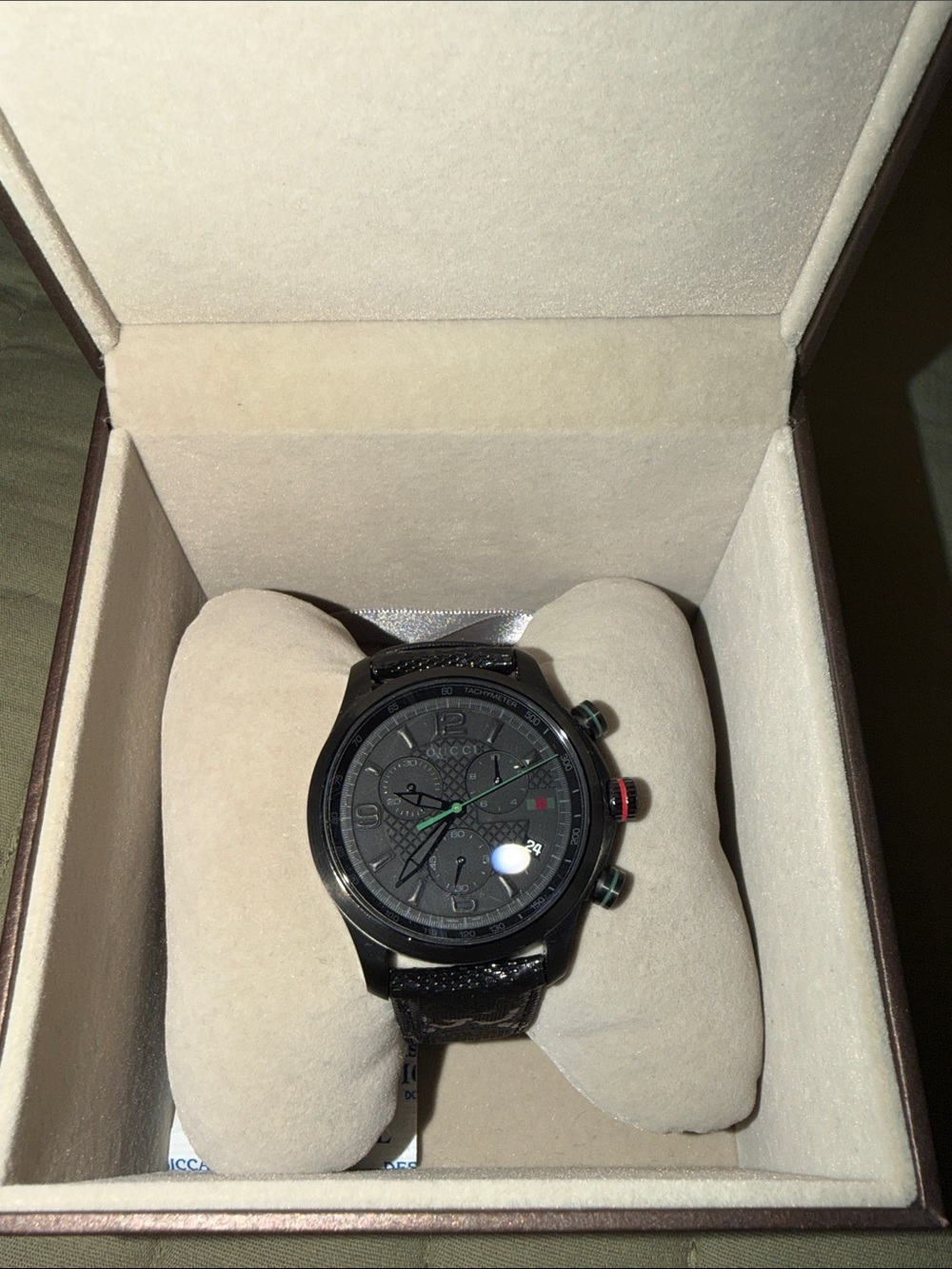 Gucci Black Dial Men's Chronograph Watch with Green Accents